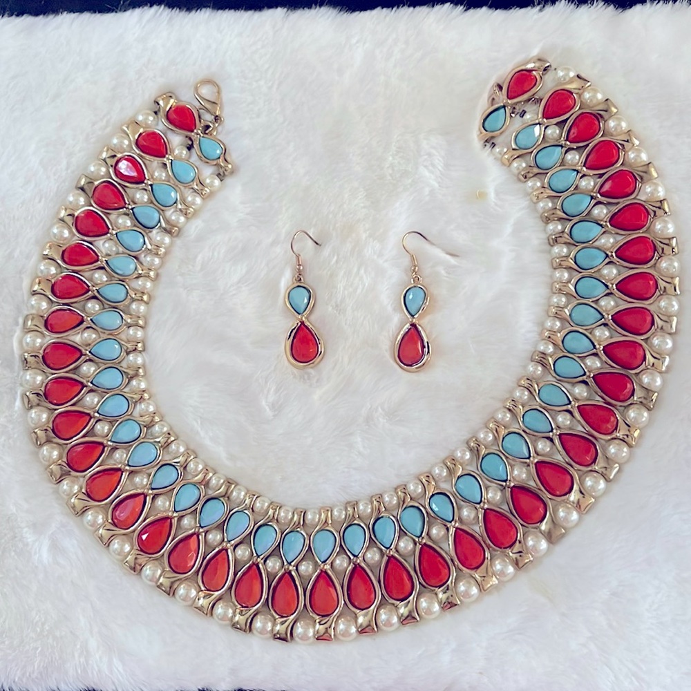 Pearl turquoise and coral collar necklace and matching earrings